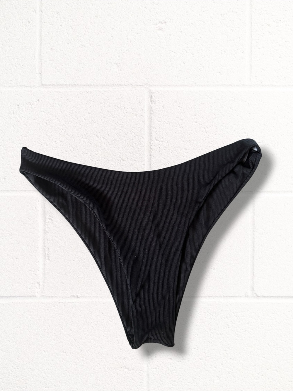 Zaful Black Ribbed High Thigh High Cut Bikini Bottoms, Large